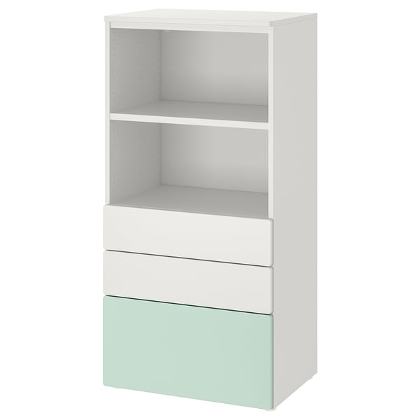SMÅSTAD / PLATSA bookcase, white light green/with 3 drawers, 60x42x123 cm