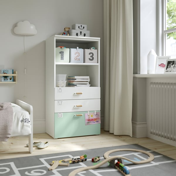 SMÅSTAD / PLATSA bookcase, white light green/with 3 drawers, 60x42x123 cm