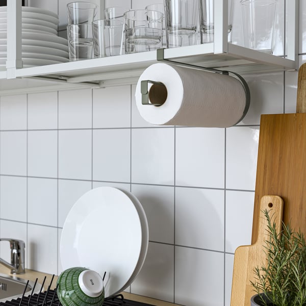 SMÅTUNGA kitchen roll holder, grey-green, 14x28 cm