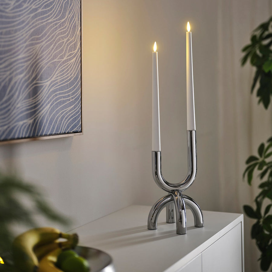 SNÖDUVA candlestick, for 2 candles silver-colour, 25 cm