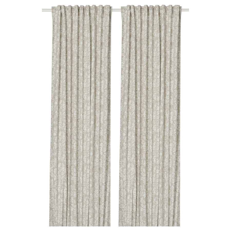 SNÖRUTA curtains, 1 pair, light grey-beige white/floral pattern with heading tape, 145x300 cm