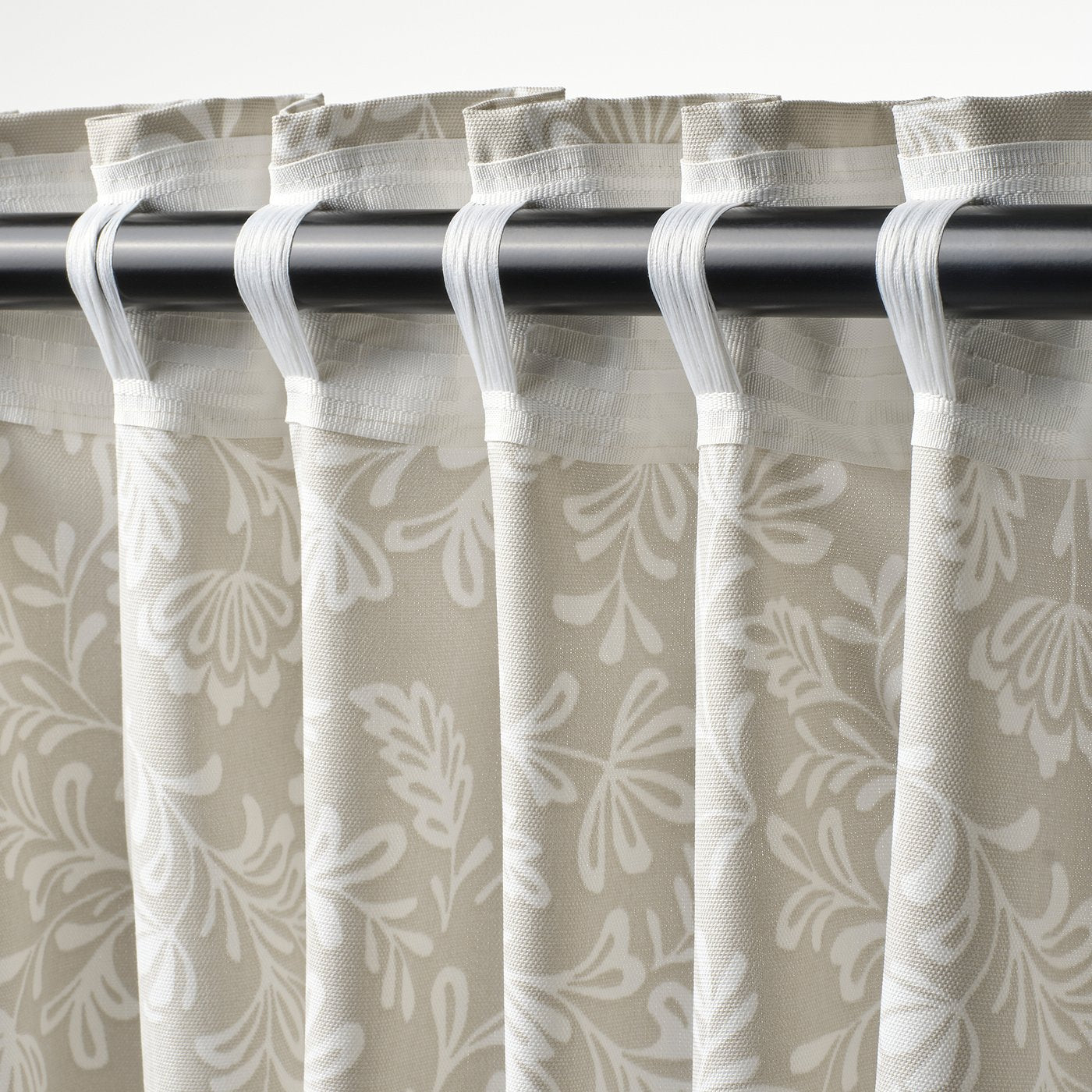 SNÖRUTA curtains, 1 pair, light grey-beige white/floral pattern with heading tape, 300x145 cm