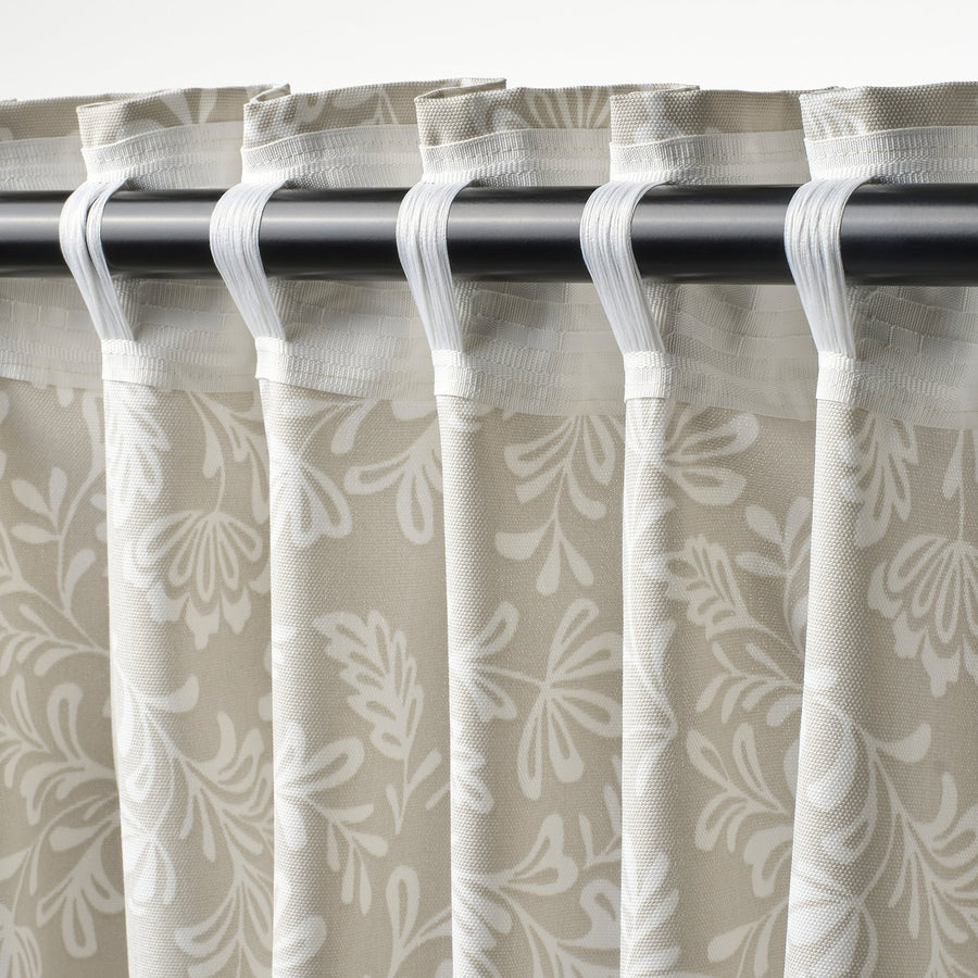 SNÖRUTA curtains, 1 pair, light grey-beige white/floral pattern with heading tape, 145x300 cm