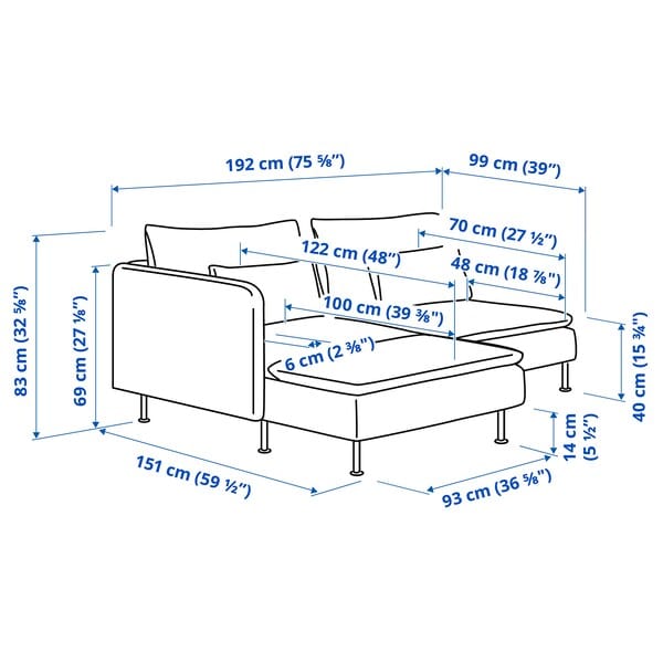Ikea SÖDERHAMN - 2-seater sofa with chaise-longue and armrest/Hillared beige ,