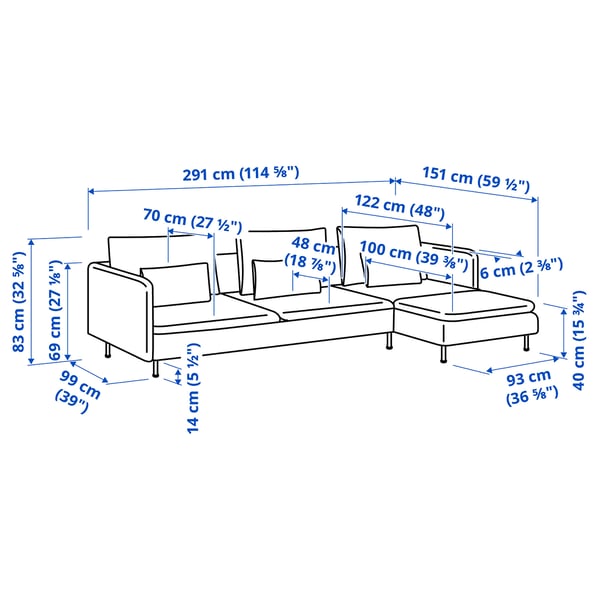 SÖDERHAMN 4-seat sofa, with chaise longue/Hillared beige, 291 cm