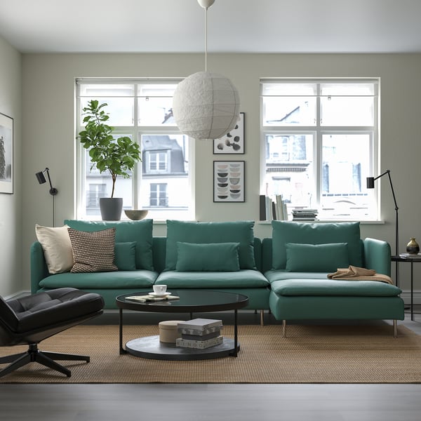SÖDERHAMN 4-seat sofa with chaise longue, Kelinge grey-turquoise, 291x14x151 cm