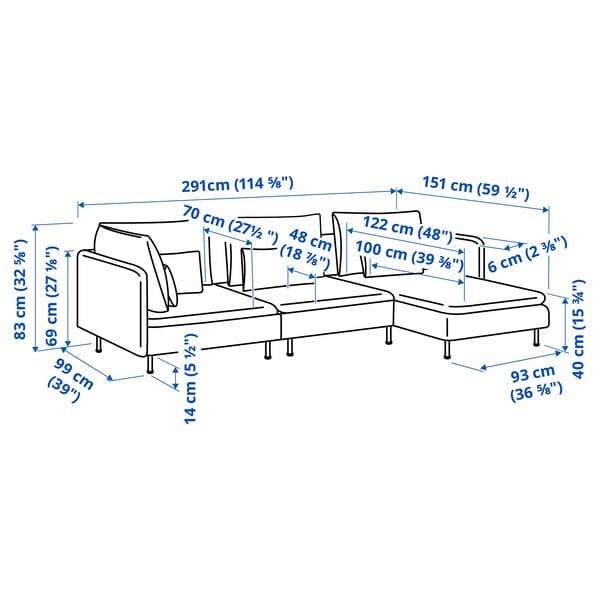 Ikea SÖDERHAMN - 4-seater sofa with chaise-longue, Tallmyra blue ikea_check
