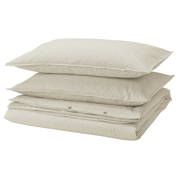 SOLFIBBLA duvet cover and 2 pillowcases, white beige/stripe, 240x220/50x80 cm
