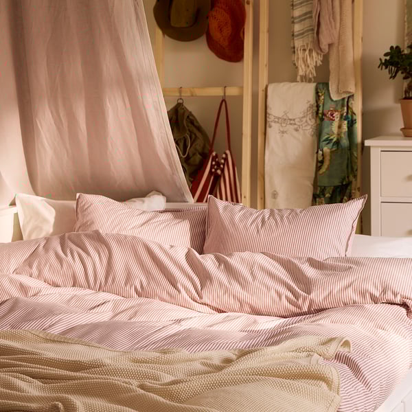 SOLFIBBLA duvet cover and 2 pillowcases, white red/stripe, 240x220/50x80 cm