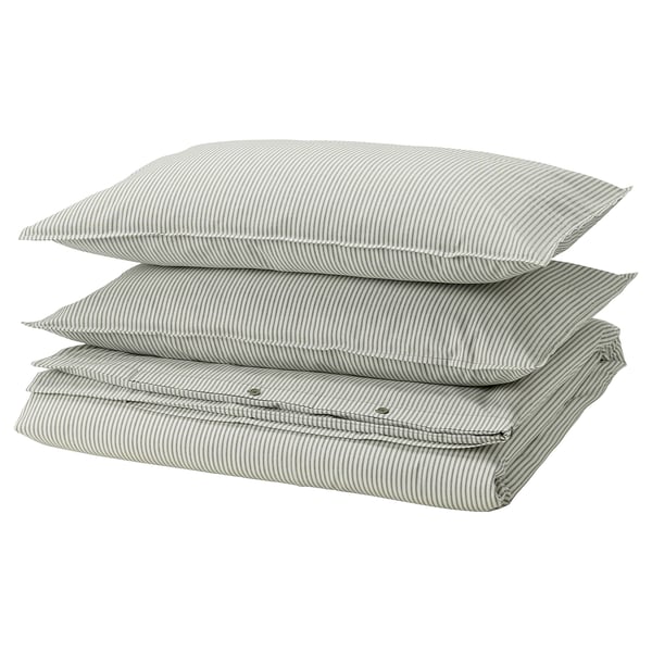 SOLFIBBLA duvet cover and 2 pillowcases, white green/stripe, 240x220/50x80 cm