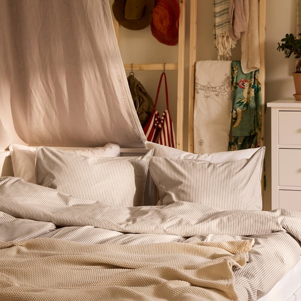 SOLFIBBLA duvet cover and pillowcase, white beige/stripe, 150x200/50x80 cm