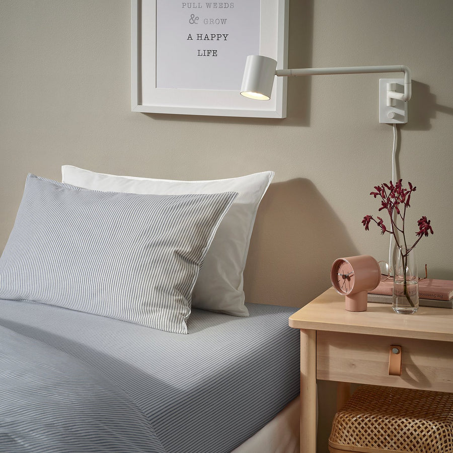 SOLFIBBLA fitted sheet, white blue/stripe, 160x200 cm