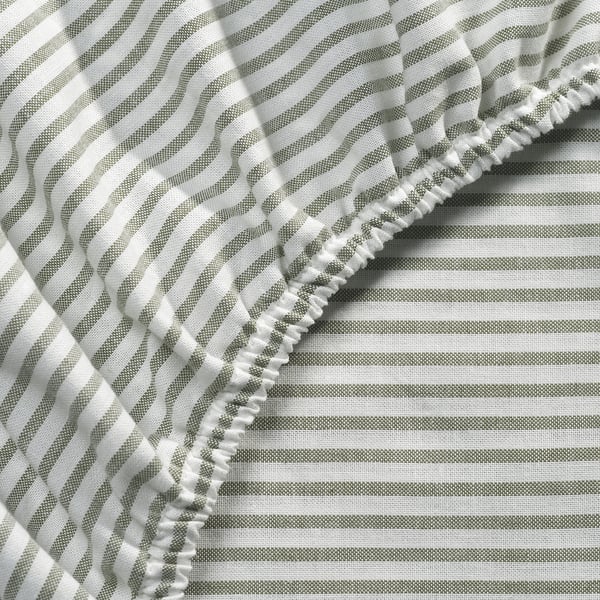 SOLFIBBLA fitted sheet, white green/stripe, 90x200 cm