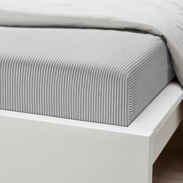 SOLFIBBLA fitted sheet, grey white/stripe, 140x200 cm