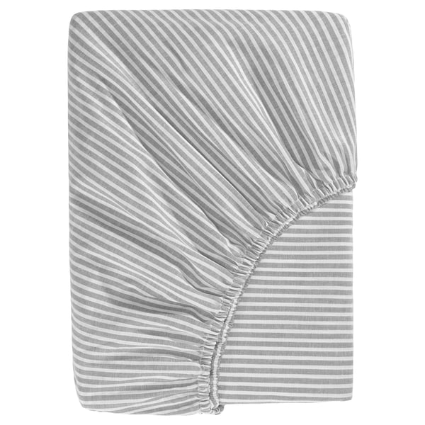 SOLFIBBLA fitted sheet, grey white/stripe, 140x200 cm