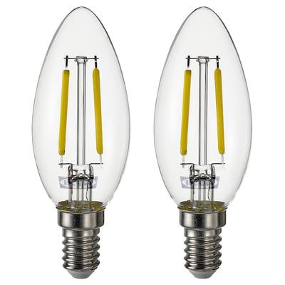 SOLHETTA LED bulb E14 250 lumen, chandelier/clear, 35 mm, 2 pack