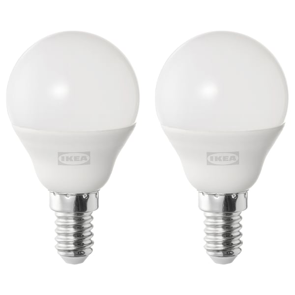 SOLHETTA LED bulb E14 470 lumen, globe opal white, 45 mm, 2 pack