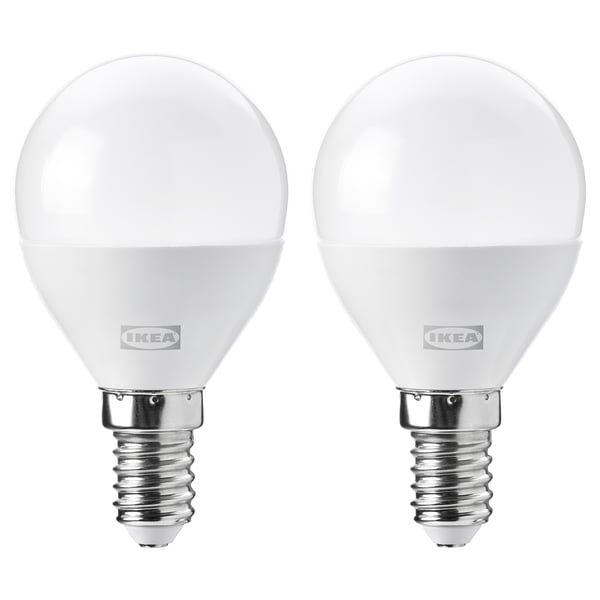 SOLHETTA LED bulb E14 806 lumen, dimmable/globe opal white, 45 mm, 2 pack