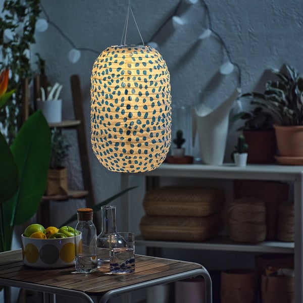 SOLVINDEN pendant lamp, spotted solar-powered/blue, 26 cm