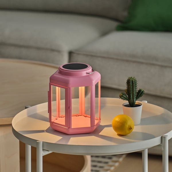 SOLVINDEN LED solar-powered table lamp, lantern/pink, 17 cm