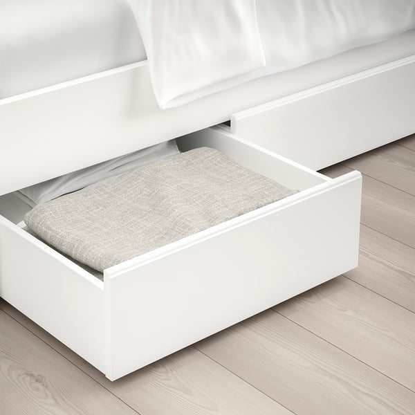 SONGESAND bed frame with 4 storage boxes, white/Lindbåden, 140x200 cm