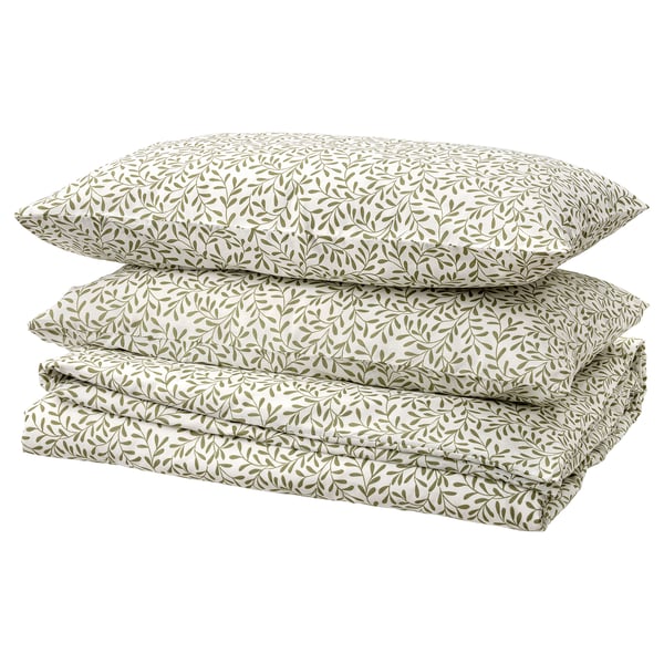 SORGMANTEL duvet cover and 2 pillowcases, white/green, 200x200/50x80 cm