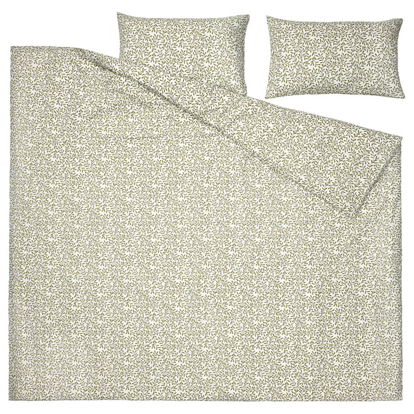 SORGMANTEL duvet cover and 2 pillowcases, white/green, 200x200/50x80 cm