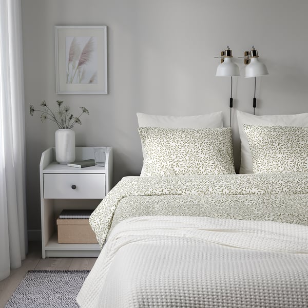 SORGMANTEL duvet cover and 2 pillowcases, white/green, 200x200/50x80 cm