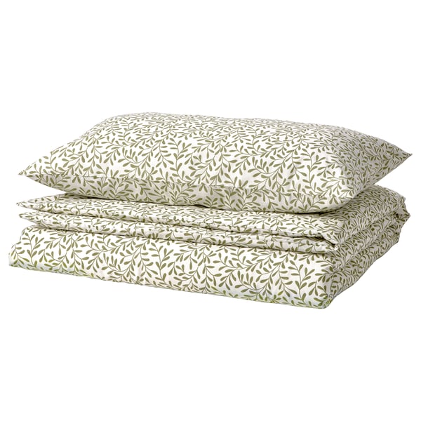 SORGMANTEL duvet cover and pillowcase, white/green, 150x200/50x80 cm