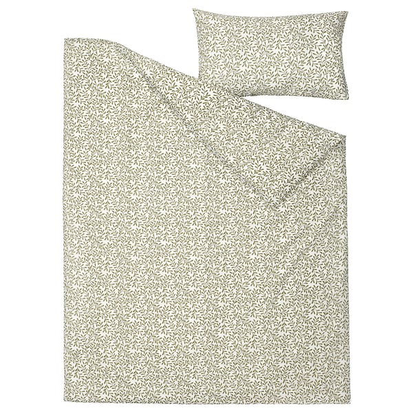 SORGMANTEL duvet cover and pillowcase, white/green, 150x200/50x80 cm