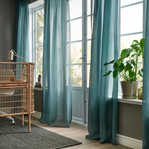 STENFRÖ sheer curtains, 1 pair, turquoise/with heading tape, 145x300 cm