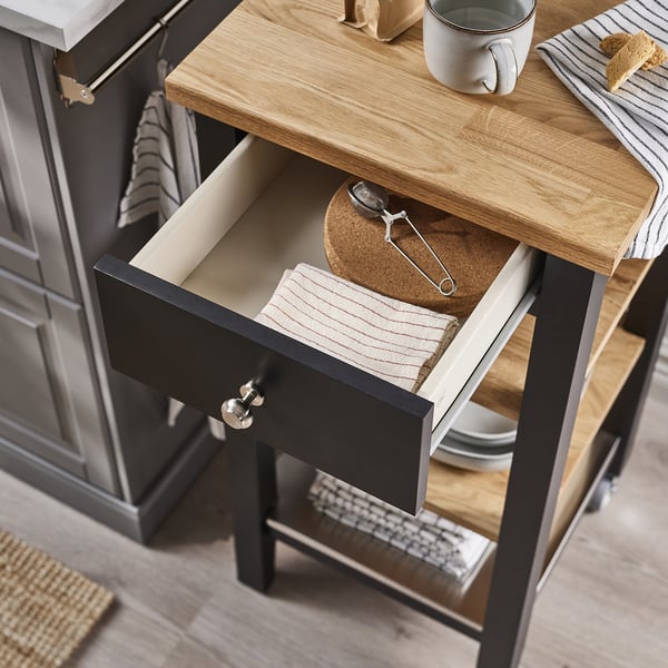 STENSTORP kitchen trolley, black-brown/oak, 45x43x90 cm