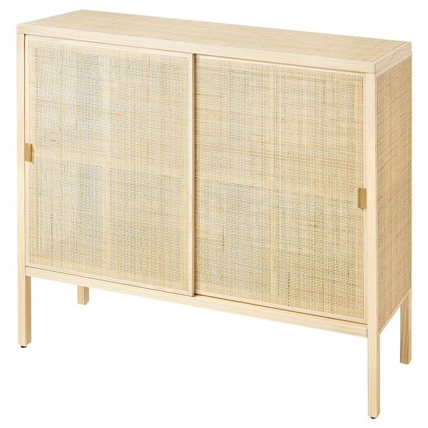 STOCKHOLM 2025 cabinet with sliding doors, rattan/pine, 125x47x110 cm
