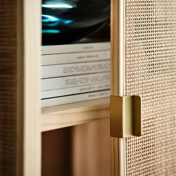 STOCKHOLM 2025 cabinet with sliding doors, rattan/pine, 125x47x110 cm