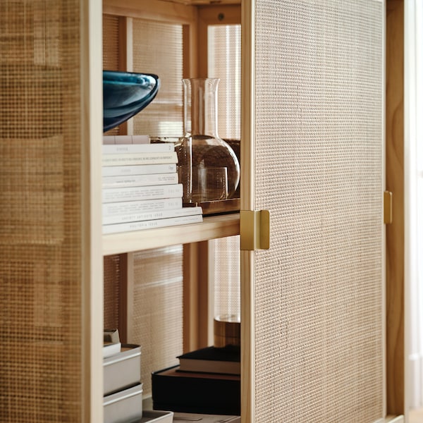 STOCKHOLM 2025 cabinet with sliding doors, rattan/pine, 125x47x110 cm