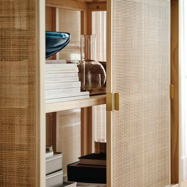 STOCKHOLM 2025 cabinet with sliding doors, rattan/pine, 125x47x110 cm
