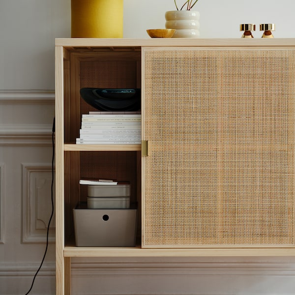 STOCKHOLM 2025 cabinet with sliding doors, rattan/pine, 125x47x110 cm