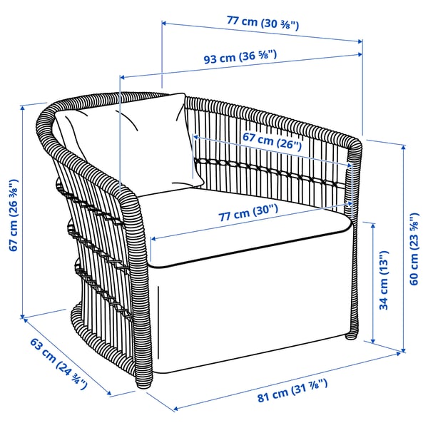 STOCKHOLM 2025 armchair, rattan/Djurmo grey/white, 93x67x77 cm