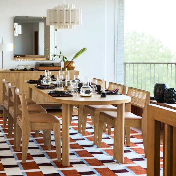 STOCKHOLM 2025 / STOCKHOLM 2025 table and 6 chairs, oak veneer/oak rattan, 230x90 cm