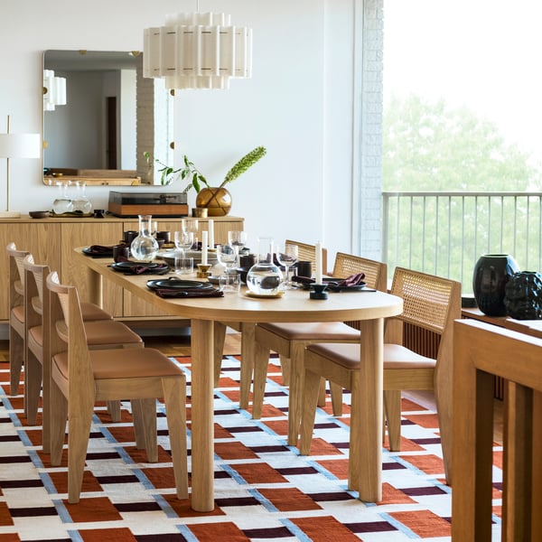 STOCKHOLM 2025 / STOCKHOLM 2025 table and 6 chairs, oak veneer/oak rattan, 230x90 cm