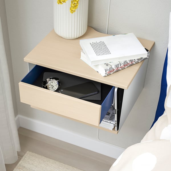 STOMSÖ wall-mounted bedside table, birch effect white/blue, 36x29x20 cm