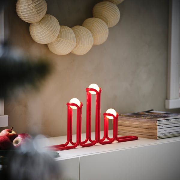 STRÅLA LED candelabra, metal red, 51x23 cm