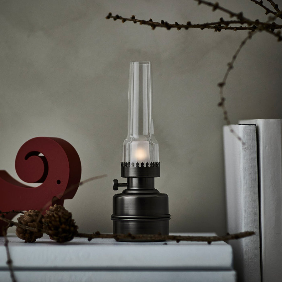 STRÅLA LED decorative table lamp, glass battery-operated/dark grey, 19 cm