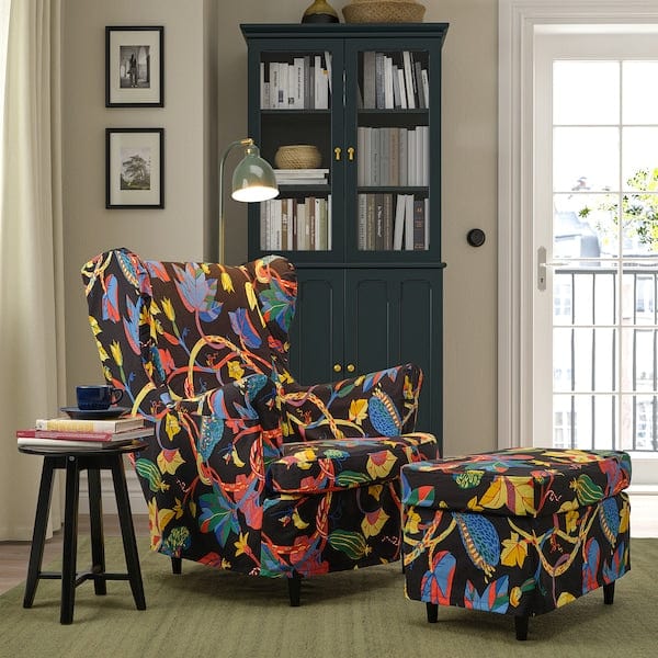 Ikea STRANDMON - Armchair/footstool cover, Stigsbo patterned/black