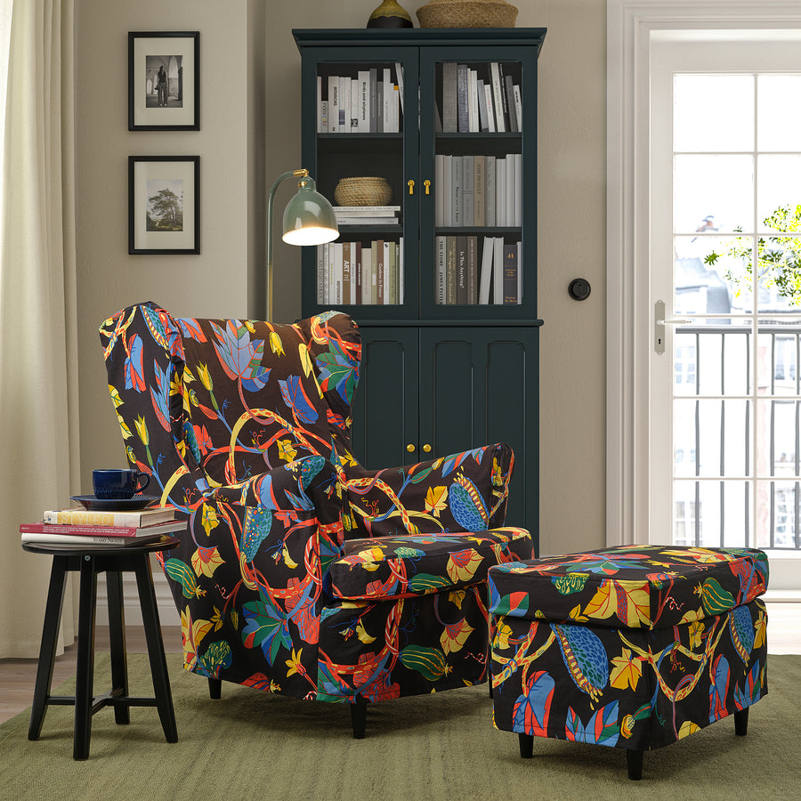 STRANDMON slipcover for armchair/footstool, Stigsbo multicolour/black