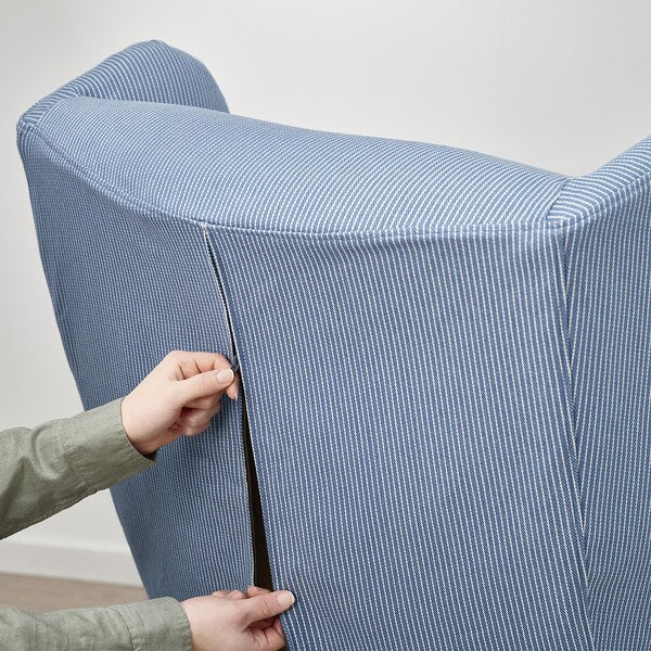 STRANDMON slipcover for wing chair, Sjölyckan dark blue/beige stripe pattern
