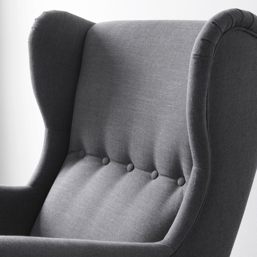 STRANDMON wing chair with footstool, Nordvalla dark grey