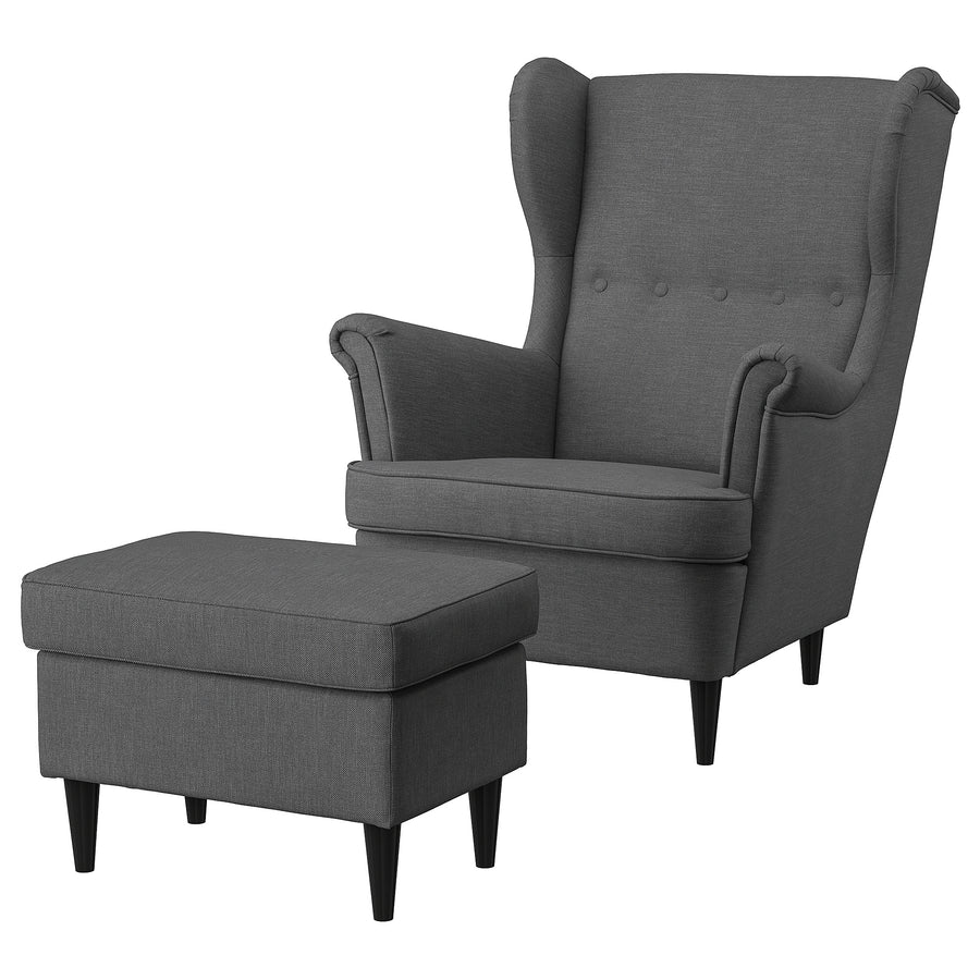STRANDMON wing chair with footstool, Nordvalla dark grey