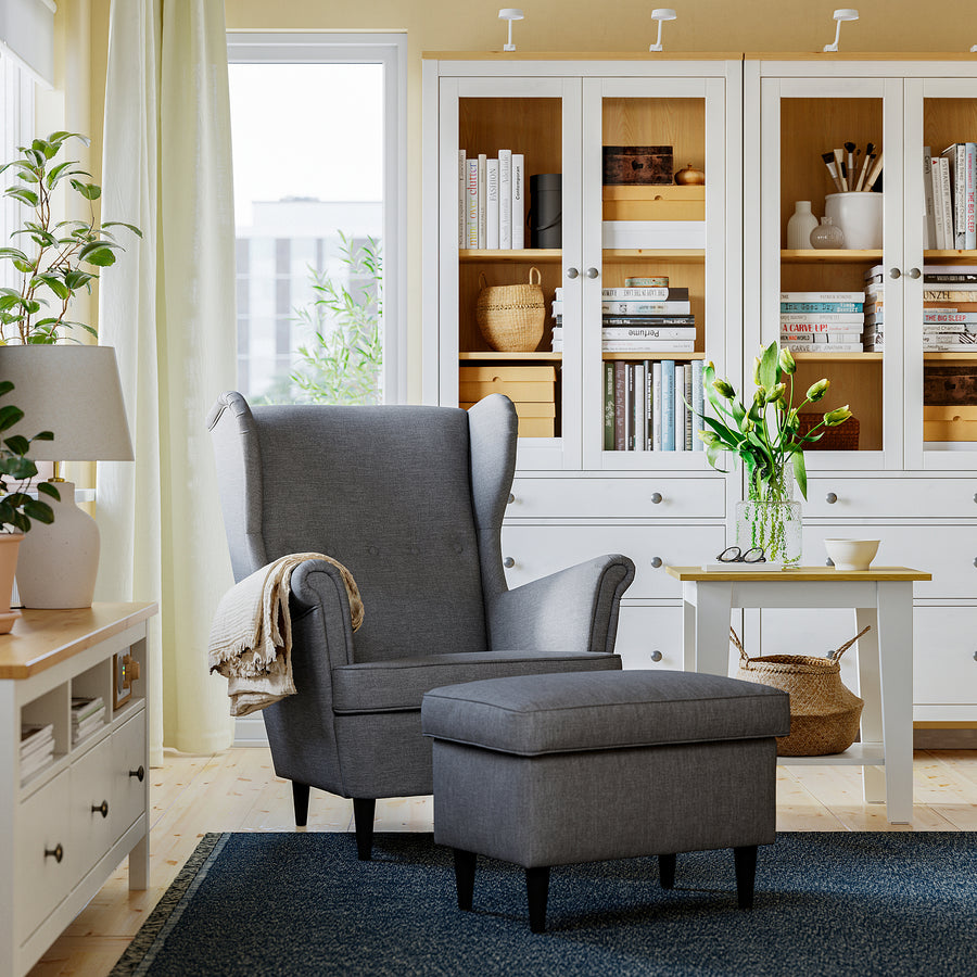 STRANDMON wing chair with footstool, Nordvalla dark grey