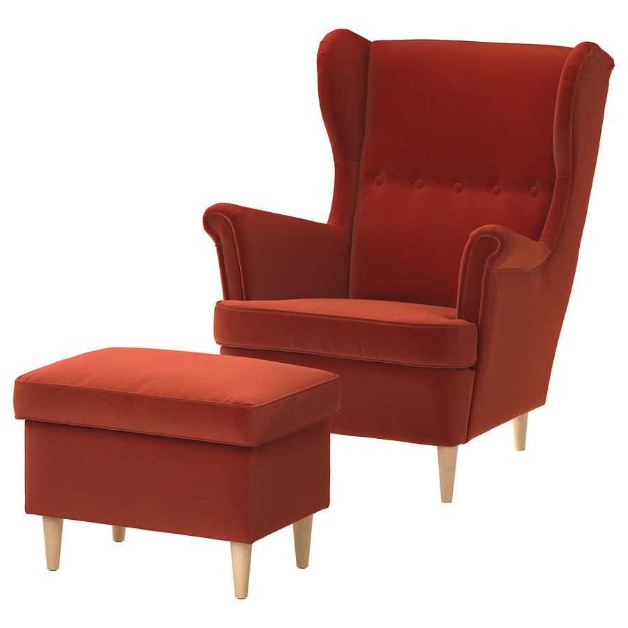 STRANDMON wing chair with footstool, Tommaboda brown-red
